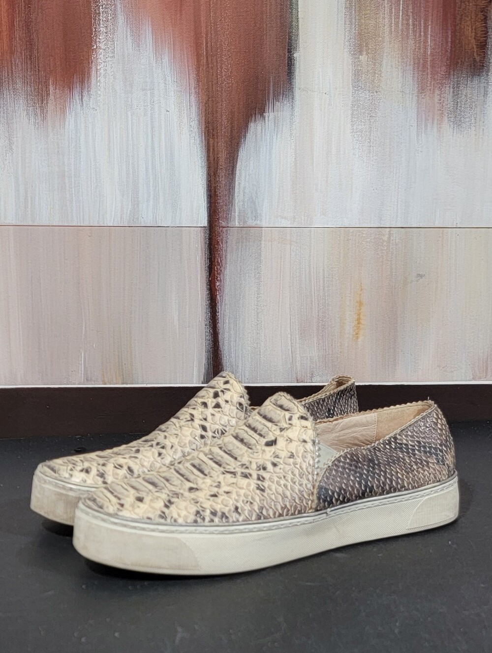 STUART WEITZMAN Nuggets Snake Print Slip On Sneaker Women 7.5 Cream Black Python